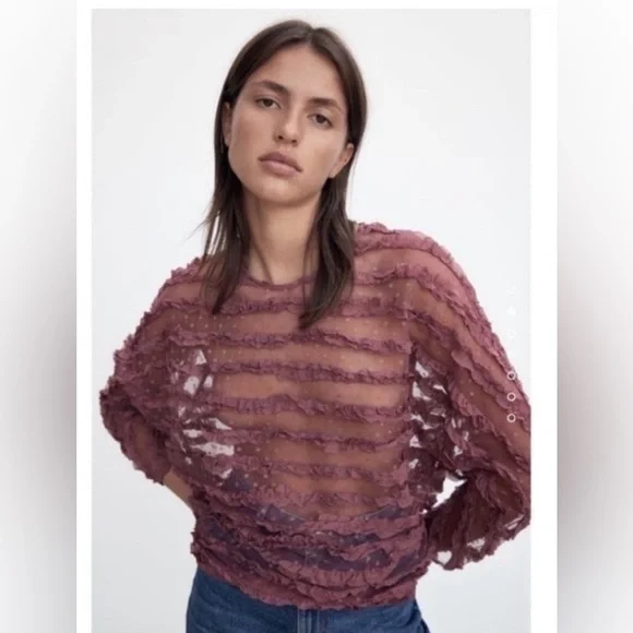 Zara ruffled sheer, pink/mauve long sleeve blouse boho-size L, NWT Easter color - Picture 1 of 10